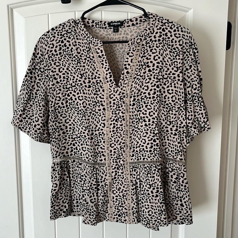 Express Leopard Print Short Sleeve Peplum Blouse - Size Small